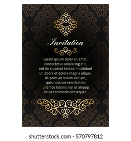 Decorative retro greeting card or invitation design, golden decor on black background. Traditional, Islam, arabic, indian ornament.