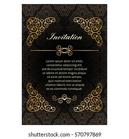 Decorative retro greeting card or invitation design, golden decor on black background. Traditional, Islam, arabic, indian ornament.