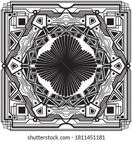 Decorative retro ornament in black and white, square art deco style.