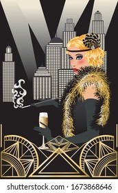 Decorative retro poster with 20s fashion woman, art deco style.