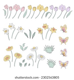 Decorative retro spring Easter flowers. Tulip, Daisy, Narcissus, grass, Butterfly collection. Vector illustration set isolated on white.