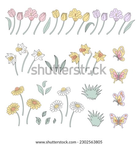 Decorative retro spring Easter flowers. Tulip, Daisy, Narcissus, grass, Butterfly collection. Vector illustration set isolated on white.