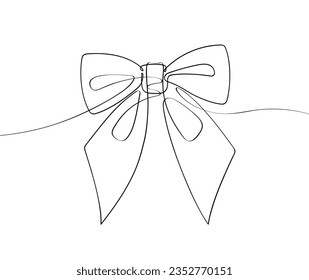 Decorative ribbon bow in continuous line art drawing style. Minimalist black linear sketch isolated on white background.