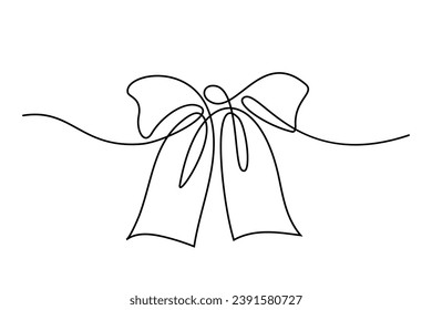 Decorative ribbon bow in continuous line art drawing style. Gift bow-knot black linear design isolated on white background. Vector illustration