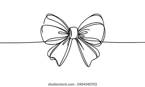 Arco de cinta decorativo en estilo de dibujo de línea continua. Diseño lineal minimalista de arco-nudo festivo aislado en fondo blanco. Ilustración del vector