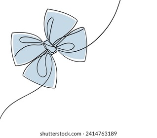 Decorative ribbon bow in continuous line art drawing style. Minimalist black linear sketch isolated on white background.