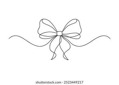 Decorative ribbon bow continuous line art isolated on white background.