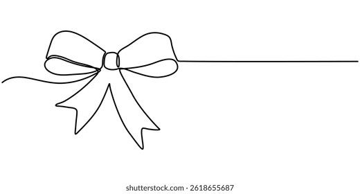 Decorative ribbon bow in continuous line art drawing style. Gift bow-knot black linear design isolated on white background, One continuous line drawing of gift ribbon red bow.