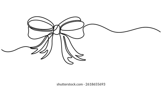 Decorative ribbon bow in continuous line art drawing style. Gift bow-knot black linear design isolated on white background, One continuous line drawing of gift ribbon red bow.