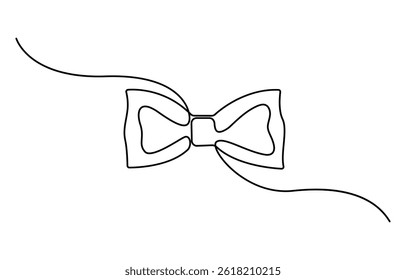 Decorative ribbon bow in continuous one line art drawing style, Ribbon Simple Line Art  Illustration Black Sketch Isolated on White Background.