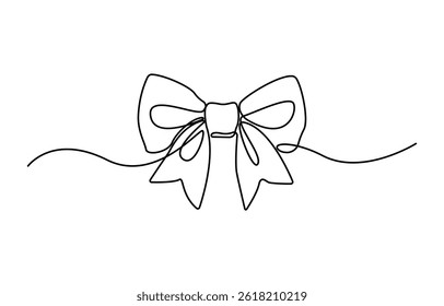 Decorative ribbon bow in continuous one line art drawing style, Ribbon Simple Line Art  Illustration Black Sketch Isolated on White Background.