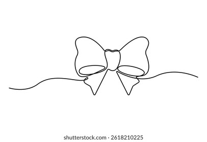 Decorative ribbon bow in continuous one line art drawing style, Ribbon Simple Line Art  Illustration Black Sketch Isolated on White Background.