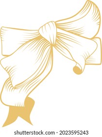 Decorative ribbon and bow isolated on white, Cartoon vector gold bow for xmas gifts, present cards and luxury wrap pack isolated on white background. Hand drawn silhouette bow. Decor element symbol