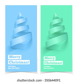 Decorative ribbon Christmas tree. Blue and green banners. Vector holiday backgrounds.