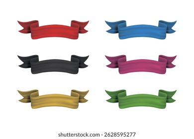 Decorative ribbon collection in six bright colors, curved banners for stylish labels, flyers, or headers.