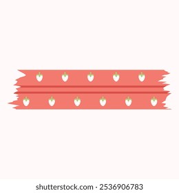 A decorative ribbon design featuring strawberries on a coral background.