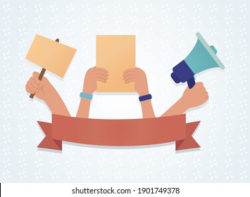 decorative ribbon with hands holding a protesting elements over white background, colorful design, vector illustration