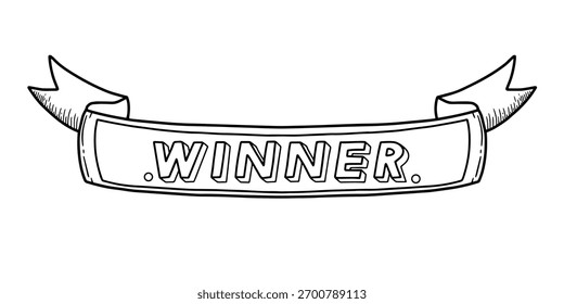 Decorative ribbon scroll with Winner text sketch line art vector illustration. Hand drawn black and white text banner outline