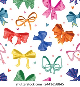 Decorative ribbons and bows seamless pattern. Gift boxes ties. Holiday elements. Repeated objects. Colorful bowknots. Birthday presents. Elegant satin knots. Recent