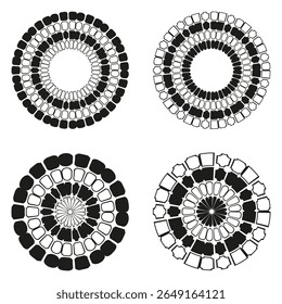 Ícones decorativos em anel. Símbolos de mandala de renda. Roda floral Vetor. Design circular intrincado.