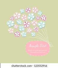 Decorative romantic floral greeting card with cartoon illustration and text frame. Template for design and decoration
