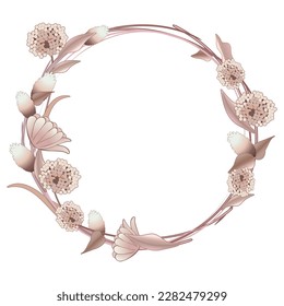 Decorative romantic frame of soft pastel nude vector watercolor flowers, stems and leaves for holidays and celebrations