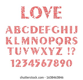 Decorative romantic love font. Set of vector pink letters from A to Z and numbers from 1 to 0 with hearts. Modern typographic design for Valentine's Day.