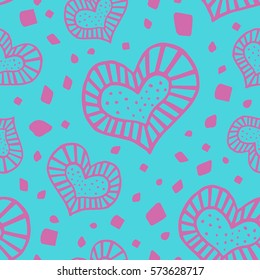 Decorative romantic seamless blue and pink pattern with hand-drawn hearts and diamonds. Can be used for wrapping paper, package, textile, wedding invitation. Valentine's Day vector illustration.