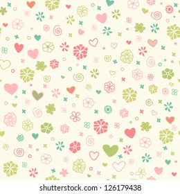 Decorative romantic seamless doodle texture. Endless childish pattern with hand drawn hearts, flowers and spirals. Template for design and decoration