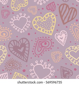 Decorative romantic seamless doodle texture. Endless pattern with hand-drawn hearts. Can be used for wrapping paper, package, textile, wedding invitation. Valentine's Day vector illustration.