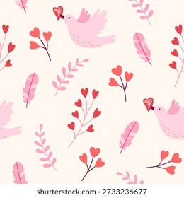 Decorative romantic seamless pattern with dove and hearts for Valentine's Day. Vector background