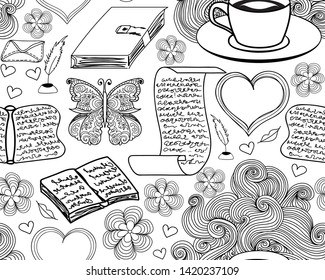 Decorative romantic vector seamless pattern with handwritten hearts, books and butterflies
