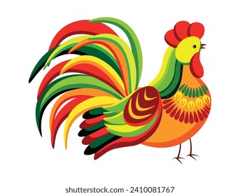 Decorative rooster bird isolated on white background. Vector illustration of a beautiful rooster with lush plumage, wing, comb, paws in cartoon style. Cock with Petrykivka symbols.