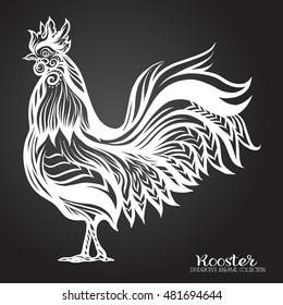 Decorative Rooster. Chinese New Year Symbol 2017 New Year. On black background
 Vector illustration. 