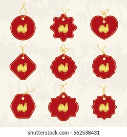 Decorative Rooster. Chinese New Year Symbol of 2017 New Year.
 Set of tags. Good for greeting card, invitation or banner. Vector illustration