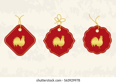 Decorative Rooster. Chinese New Year Symbol of 2017 New Year.
 Set of tags. Good for greeting card, invitation or banner. Vector illustration