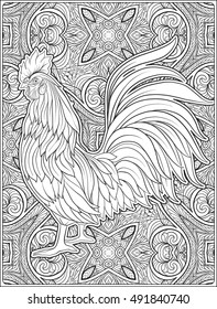  Decorative Rooster on floral background. Chinese New Year Symbol of 2017 New Year.
 Anti stress coloring book for adult. Outline drawing coloring page. Vector illustration.