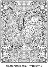  Decorative Rooster on floral background. Chinese New Year Symbol of 2017 New Year.
 Anti stress coloring book for adult. Outline drawing coloring page. Vector illustration.