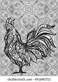  Decorative Rooster on floral background. Chinese New Year Symbol of 2017 New Year.
 Anti stress coloring book for adult. Outline drawing coloring page. Vector illustration.