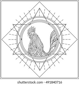  Decorative Rooster on sacred geametry background. Chinese New Year Symbol of 2017 New Year.
 Anti stress coloring book for adult. Outline drawing coloring page. Vector illustration.