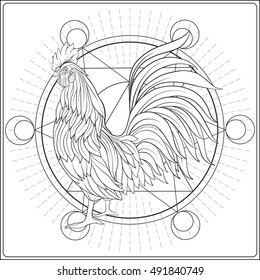  Decorative Rooster on sacred geametry background. Chinese New Year Symbol of 2017 New Year.
 Anti stress coloring book for adult. Outline drawing coloring page. Vector illustration.