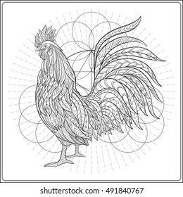  Decorative Rooster on sacred geametry background. Chinese New Year Symbol of 2017 New Year.
 Anti stress coloring book for adult. Outline drawing coloring page. Vector illustration.