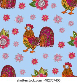 Decorative rooster painted by hand vector. Rooster filled with flowers. Seamless pattern