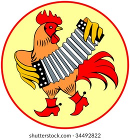 Decorative rooster in red boots, playing the harmon