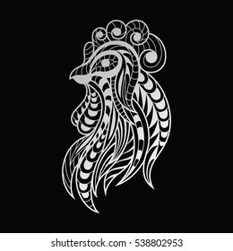 Decorative rooster in the style of Doodle, zentangle on a black background. Logo, emblem, design element for New year's 2017. Vector illustration