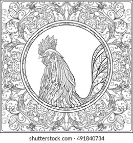  Decorative Rooster in vintage floral decorative frame. Chinese New Year Symbol of 2017 New Year.
 Anti stress coloring book for adult. Outline drawing coloring page. Vector illustration.