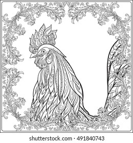  Decorative Rooster in vintage floral decorative frame. Chinese New Year Symbol of 2017 New Year.
 Anti stress coloring book for adult. Outline drawing coloring page. Vector illustration.