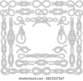 Decorative rope knots frame collection, nautical border elements and maritime designs, vector illustration set
