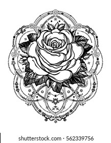 Decorative rose flower with beautiful beads and stars. Highly detailed isolated vector illustration. Tattoo flesh, mystic boho symbol. floral design. Print, posters, t-shirts and textiles.
