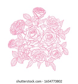 Decorative rose flowers, design elements. Can be used for cards, invitations, banners, posters, print design. Floral background in line art style